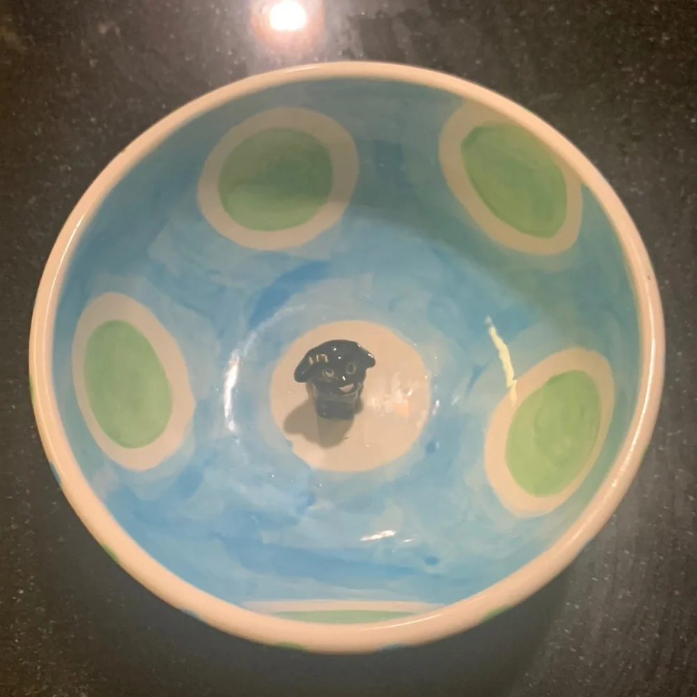 Dog bowl with a mini puppy inside.